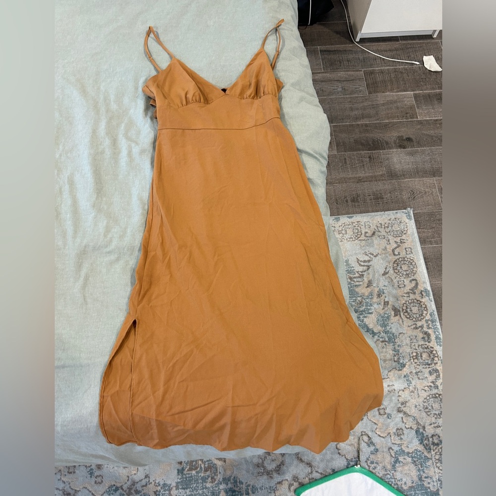 Tan/ brown sleeveless tie back midi dress